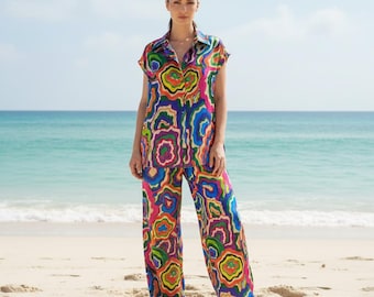 Colorful Abstract Poly Silk Pajama Set • 2 Piece Beach Resort Wear