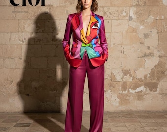 Custom Made Abstract Face Print Pantsuit | Colorful Pop Art Blazer, Wide Leg Trousers