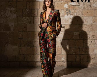 Custom Made Geometric Print Pant Suit | Boho Chic Silk-Feel Blazer Set
