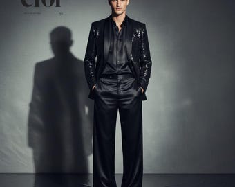 Custom Made Men's 2 Piece Sequin Tuxedo Suit | Satin Trousers, Prom Party Blazer Set