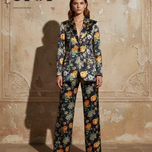 May include: A navy blue floral suit, comprising a blazer and wide-leg trousers, with a pattern of yellow and orange flowers. The CYOT logo is visible in the upper left corner. The suit is a stylish ensemble.