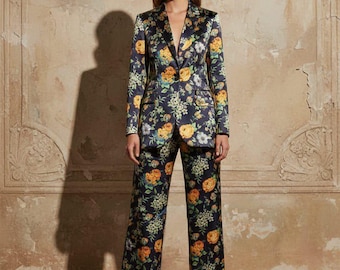 Custom Made Floral Silk-Feel Pant Suit Set | Women's Satin Blazer & Trousers