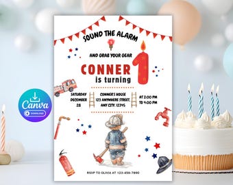 Inbjudan till brandman, 1-årsdag, pojke | Redigerbar Canvas-mall | Brandbilsfest | Utskrivbar första födelsedag | 5x7 direktnedladdning