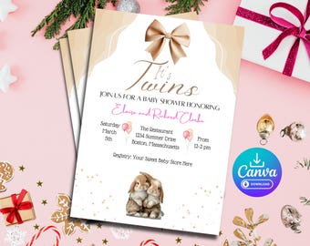 Twin Bunny Baby Shower Invitation – Editable Canva Template (5x7 Instant Download)