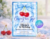 Cherry On Top Birthday Invitation, Blue Bow Theme, Editable Canva Template, 5x7 Printable Girl Birthday Invite