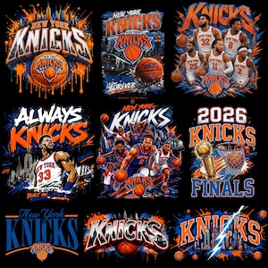 May include: A collection of nine graphic designs featuring the New York Knicks basketball team, showcasing players in jerseys, basketballs, city skylines, championship trophies, and bold typography in blue and orange on a black background.