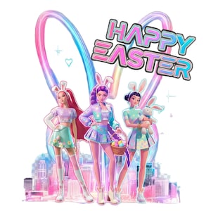 May include: Three figures wearing bunny ears and pastel outfits, holding Easter baskets and a stuffed bunny, with a "Happy Easter" sign. A colorful, stylized cityscape is in the background.