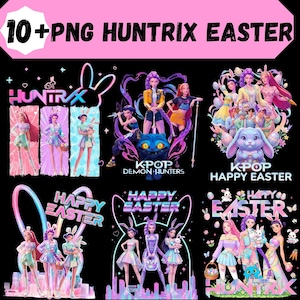May include: Digital art featuring the text "10+PNG HUNTRIX EASTER" in pink. The image includes various illustrations of anime-style characters with bunny ears, Easter baskets, and the text "KPOP HAPPY EASTER" and "KPOP DEMON HUNTERS".