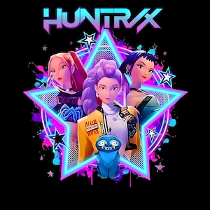 Può includere: Illustrazione digitale con la scritta "HUNTRAX" sopra una stella al neon contenente tre figure femminili stilizzate. L'immagine è su sfondo nero, con stelle e spruzzi di colori neon.