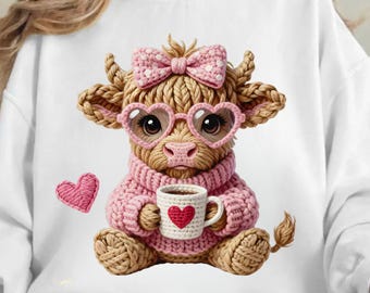 Faux Yarn Chunky Crochet Valentine Highland Cow PNG, Chunky Knit Coquette Coffee Preppy Valentines Highland Cow T Shirt Graphic, sublimation