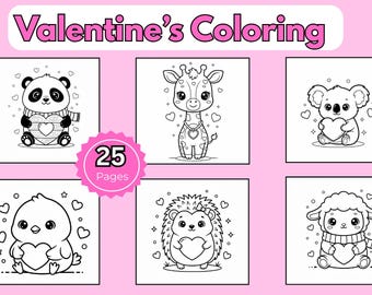 Kids Valentine's Day Coloring Book, Animals Drawing (PDF Download, 25 Pages)