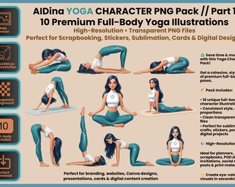 AIDina Yoga PNG Pack – 30 Yoga Poses + 6 Logo Designs, Yoga Character Illustrations, Wellness Branding, Canva Compatible