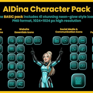Puede incluir: Gráfico digital del "AlDina Character Pack" con 41 iconos de estilo neón para comercio electrónico, elementos esenciales del sitio web, redes sociales y funciones del sitio web. La imagen incluye una ilustración de personaje femenino y es de 1024x1024 px.