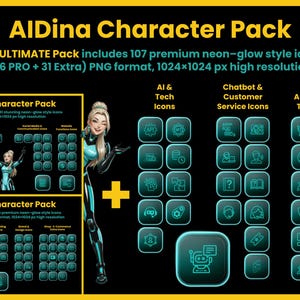 Może przedstawiać: Czarna grafika z tekstem "AlDina Character Pack" i ilustracją futurystycznej kobiety. Obraz przedstawia ikony w stylu neon dla AI, technologii, chatbotów, obsługi klienta i automatyzacji, w formacie PNG 1024x1024 px.