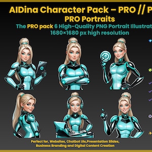 以下が含まれることがあります： 「AlDina Character Pack - PRO // Part 1」というデジタルアートパック。未来的な衣装を着た女性の高品質PNGポートレートが6点収録されています。イラストは高解像度（1680x1680 px）で、背景は透明です。