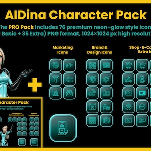Peut inclure: Visuel numérique présentant le "AlDina Character Pack" avec 76 icônes de style néon. L'image comprend des icônes de marketing, de marque et de design, ainsi que des icônes de commerce électronique, et une illustration de personnage. Format PNG, 1024x1024 px.