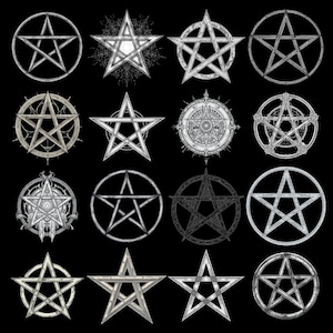 Könnte beinhalten: Eine Sammlung von 16 Pentagramm-Designs in verschiedenen Stilen, vor schwarzem Hintergrund. Die Designs sind hauptsächlich silber- und graufarben, mit aufwendigen Details und Schattierungen, die ein gotisches oder okkultes Thema erzeugen.