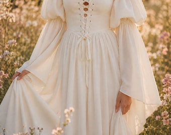 Renaissance Dress Off Shoulder Corset Maxi Lacing Front, Cottagecore Wedding Boho Medieval Fairy Gown