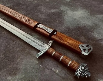 Hand Forged Damascus Steel Viking Sword, Handmade Northmen Medieval Sword, Northmen Sword With Scabbard