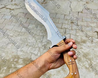 Hand Forged Carbon Steel Kukri Knife, Handmade Rosewood Handle Camping Machete Knife With Leather Sheath