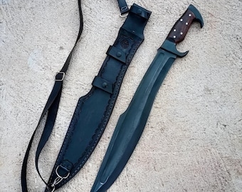 Handmade Carbon Steel Blade Falcata Style Khopesh Sword, Hand Forged Sword With Leather Sheath