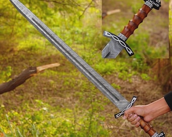 Hand Forged Damascus Steel Medieval Sword, Handmade Long Viking Sword With Scabbard