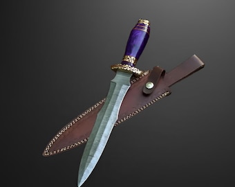 Cuchillo Athame de acero de Damasco hecho a mano, forjado a mano, mango de resina con funda de cuero.