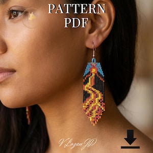 May include: Beaded earrings with a geometric design in shades of blue, yellow, orange, and black. The earrings are rectangular with a fringe at the bottom. The image includes the text "PATTERN PDF".