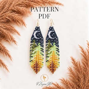 Christmas Tree Moon Earrings Pattern | Brick Stitch Beading PDF, Navy Blue Fringe Bohemian Jewelry