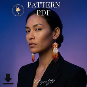 May include: A pair of long, beaded fringe earrings featuring a symmetrical design in shades of red, orange, and white. The earrings hang from the ears, displaying a detailed geometric pattern with a gradient of colors transitioning from light to dark.