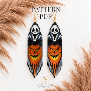 Spooky Pumpkin Seed Bead Earrings Pattern PDF, Miyuki Delica Halloween Fringe Earrings Tutorial, Brick Stitch Ghost Beadwork