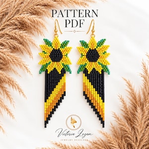 Patrón de pendientes de girasol con puntada de ladrillo en PDF, patrón de cuentas Miyuki Delica, plantilla de pendientes florales coloridos, descarga digital.