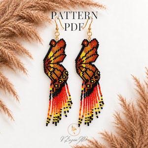 Mönster för örhängen med fjärilsvingar och seed bead-mönster i PDF-format, tegelstygn, monarkfjäril, Miyuki Delica-pärlmönster, färgglada örhängen, present till henne.