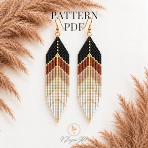 Patroon voor oorbellen met veren (PDF), patroon voor kralenwerk met zaadkralen, baksteensteek kralenpatronen, kralen oorbellen geïnspireerd op inheemse boho sieraden, cadeau voor knutselaars