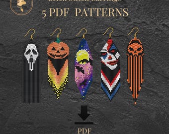 5 Halloween Earrings Patterns PDF Brick Stitch Seed Bead Bundle Beading Tutorial