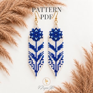Patrón PDF para pendientes florales con puntada de ladrillo / Joyería bohemia azul primaveral con cuentas de semillas