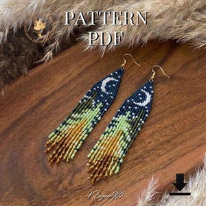 Modello per orecchini a forma di albero di Natale e luna / Perline a punto mattone in PDF, gioielli boho con frange blu navy