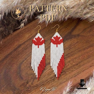 Modèle de boucles d'oreilles en forme de feuille d'érable avec perles de rocaille, drapeau canadien Brick Stitch, modèle PDF