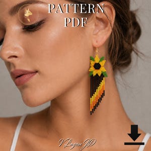 Modèle de boucles d'oreilles tournesol en point de brique (PDF) | Boucles d'oreilles florales colorées en perles de rocaille Miyuki