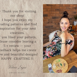 May include: A woman in a floral dress sits at a wooden table with beading supplies. Text on the left reads "Thank you for visiting our shop!" and "HAPPY CRAFTING!!!" The image promotes beading patterns and jewelry designs.