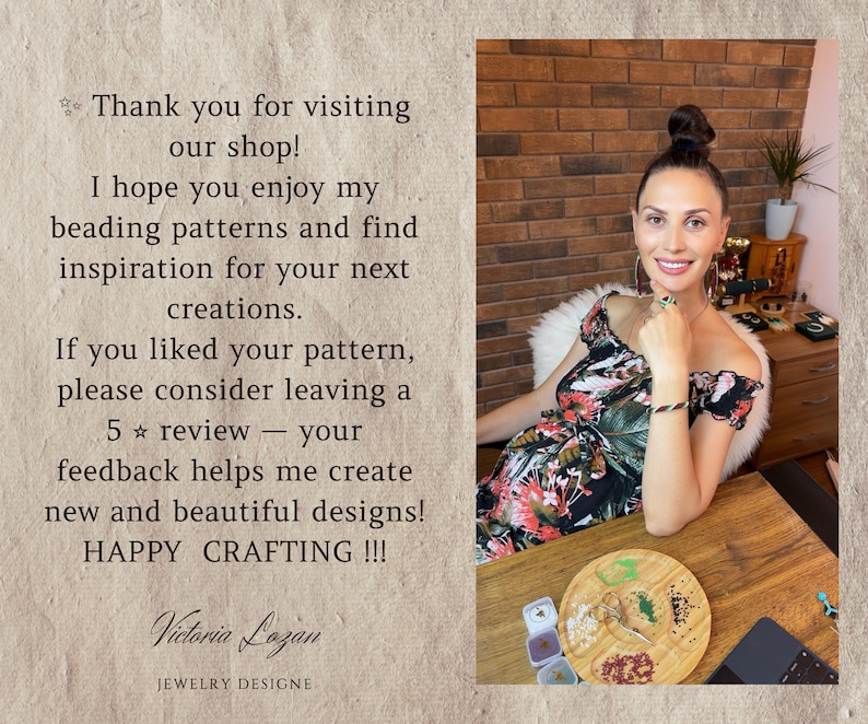 May include: A woman in a floral dress sits at a wooden table with beading supplies. Text on the left reads "Thank you for visiting our shop!" and "HAPPY CRAFTING!!!" The image promotes beading patterns and jewelry designs.