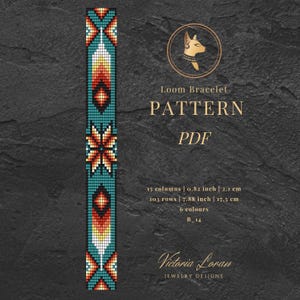 May include: A loom bracelet pattern PDF featuring a vertical strip of geometric beadwork in teal, red, orange, yellow, and white. Text includes Loom Bracelet PATTERN PDF, 15 columns, 0.82 inch, 103 rows, 7.88 inch, 6 colours, B_14, Victoria Loran Jewelry Designe.