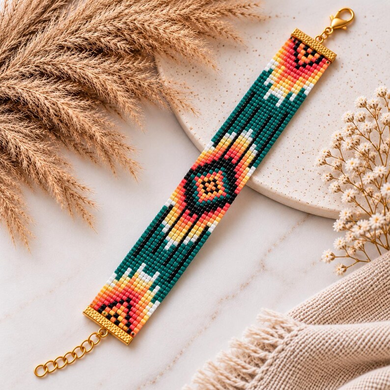 Loom Bead Bracelet Pattern PDF, Emerald Miyuki Delica Beading, Native ...