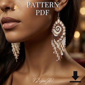 May include: Dangle earrings featuring a white and metallic gold beaded spiral pattern with long, multi-strand fringe. The text PATTERN PDF is visible at the top, and the text V Lozan JD is at the bottom with a download icon.