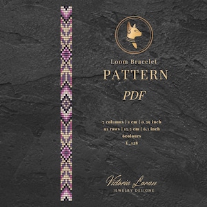 Patrón PDF de pulsera de cuentas fáciles de tejer con telar de Miyuki Delica, diseño geométrico morado.