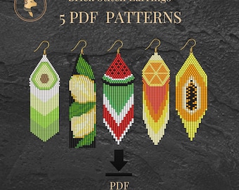 Brick Stitch Fruit Bundle Patterns PDF | 5 Beaded Earrings Designs | Miyuki Delica Seed Bead Patterns