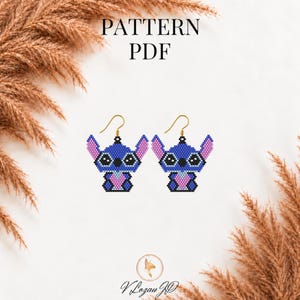 Blue Alien Stitch Earrings Pattern PDF, Brick Stitch Earrings Tutorial Miyuki Earrings Seed Bead Pattern Cartoon Inspired Do it yourself