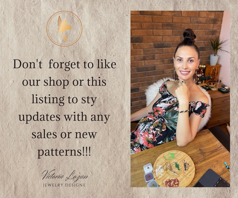 May include: A woman in a floral dress sits at a wooden table. The text reads, "Don't forget to like our shop or this listing to stay updated with any sales or new patterns!!!" The shop name "Victoria Lozan Jewelry Designe" is also visible.