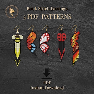 May include: Five brick stitch earring patterns are displayed, each with a unique design. The earrings feature insect and butterfly motifs in various colors, including yellow, orange, red, and black. The text "Brick Stitch Earrings" and "5 PDF PATTERNS" is visible.