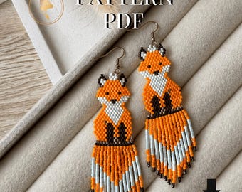 Padrão em PDF para brincos de raposa vermelha com miçangas, técnica Miyuki Brick Stitch, ideal para fazer joias com tema de raposa e artesanato.